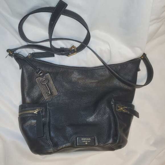 Vintage Fossil Emerson Bag Hobo Crossbody Black Pebble Leather Shoulder Bag Hand - Picture 1 of 16